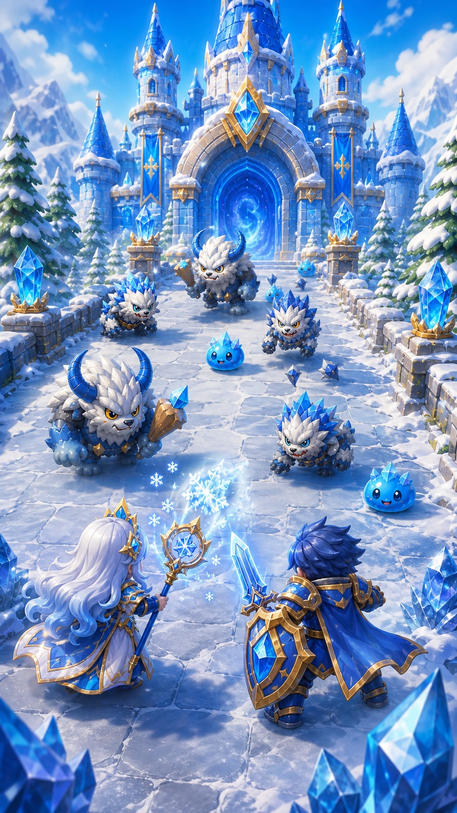 冰雪镜域中的英雄与镜晶场景